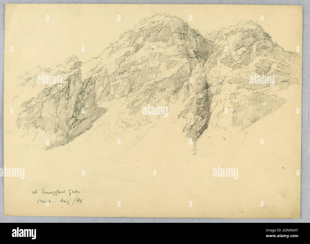 A Smuggler's Gap, Stowe, Vermont, Daniel Huntington, americano, 1816–1906, grafite su carta crema, picco roccioso ripido di montagna, con qualche pennello lungo la cima., USA, Agosto 1864, Paesaggi, disegno Foto Stock