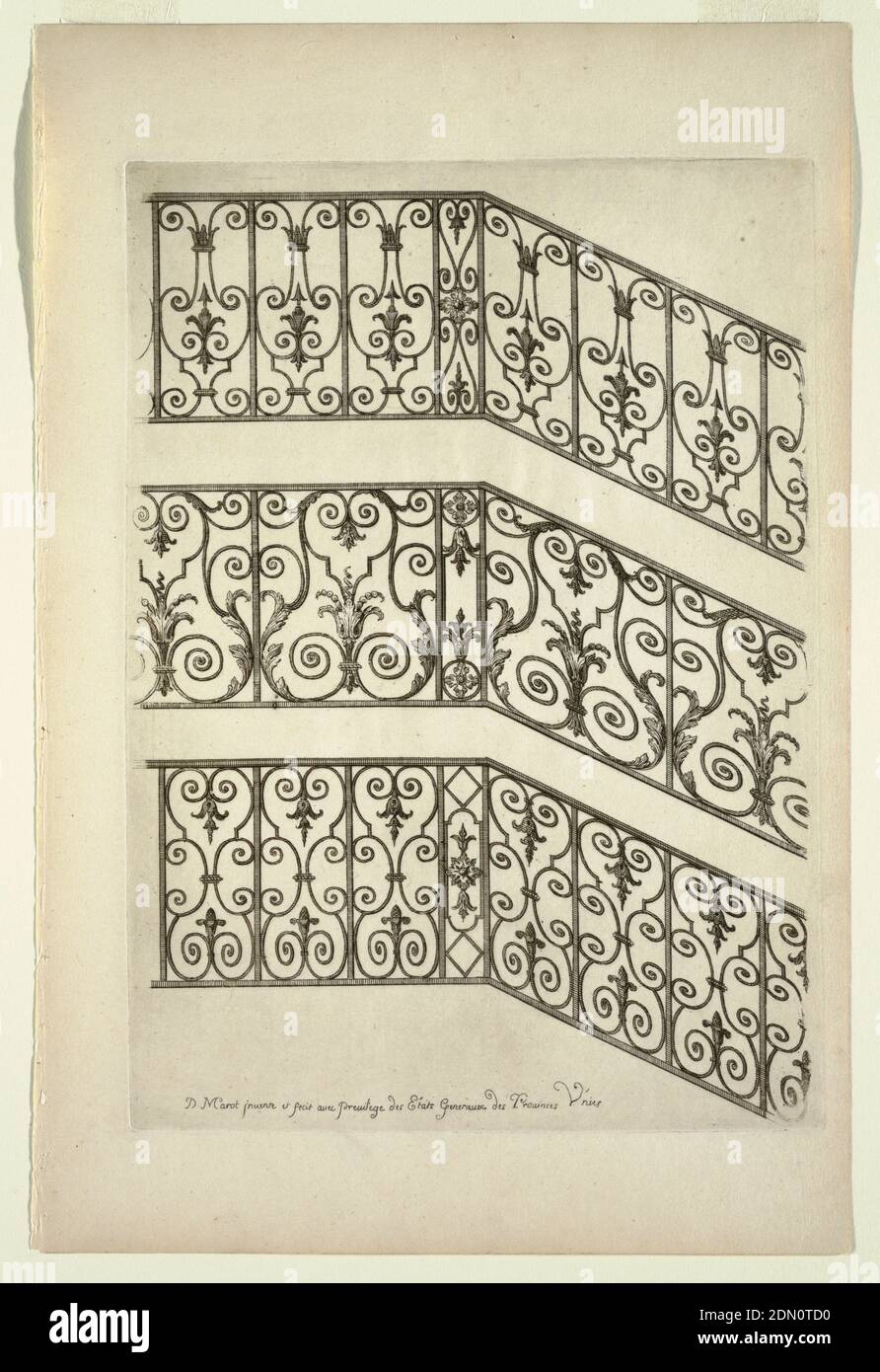 Rampes d'Escalliers (Handrails), in Nouveau Livre de Serrurie (nuovo libro di Ironsmithing), Daniel Marot, francese, attivo nei Paesi Bassi e in Inghilterra, 1661–1752, incisione e incisione su carta bianca, tre varianti di ferro per corrimano., Paesi Bassi, ca. 1700, architettura, Stampa Foto Stock
