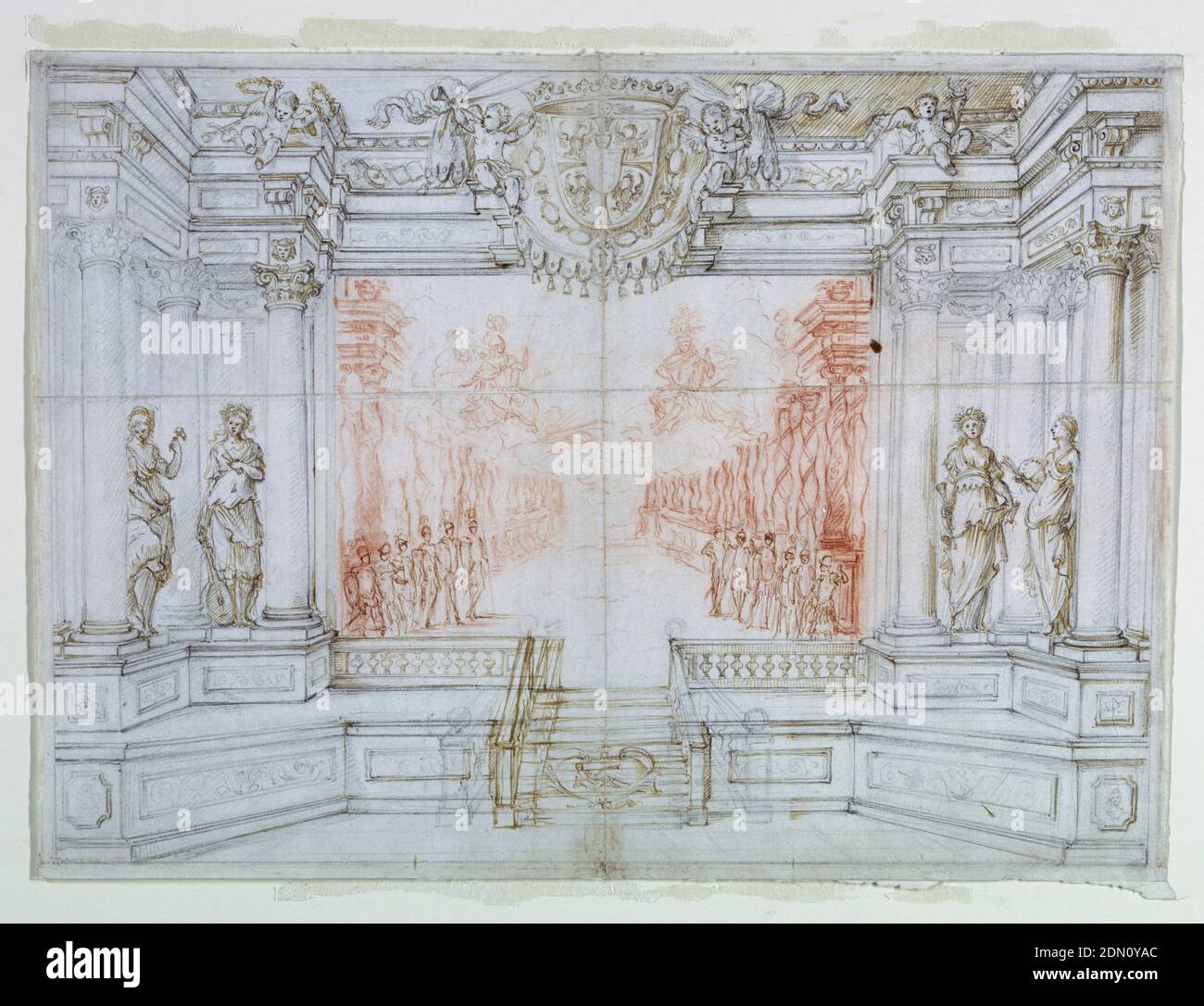 Scenio e Stage Design: Scena 1, Balletto che celebra il matrimonio di Leopoldo Cesare, Duca di Mantova, e Claudia Felice, Arciduchessa d'Austria, 1674, Giuseppe Maria Mitelli, 1634 – 1718, Leopoldo i, Austriaco, 1640 - 1705, Claudia Felicitas, Italiano, 1653 - 1676, penna e inchiostro marrone, Gesso nero e rosso su carta bianca, vista di un palcoscenico e di un elaborato arco di proscenio, attraverso il quale una scena caratterizzata da una profonda visione perspectivale popolata da dietine classiche. Il gesso rosso si limita alle figure e si imposta sul palco, creando un forte contrasto tra il dramma Foto Stock