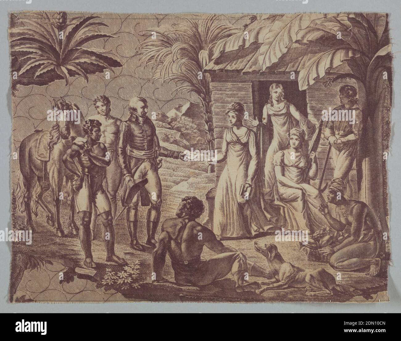 Paul & Virginia, Medium: Tecnica del cotone: Stampato su tessitura piana, frammento mostra una scena in un paese tropicale e raffigura un gruppo di nove persone, un cavallo e un cane di fronte ad un semplice edificio in legno. In viola su bianco., Francia, primi del 19 ° secolo, stampato, tinto e tessuti dipinti, frammento, frammento Foto Stock