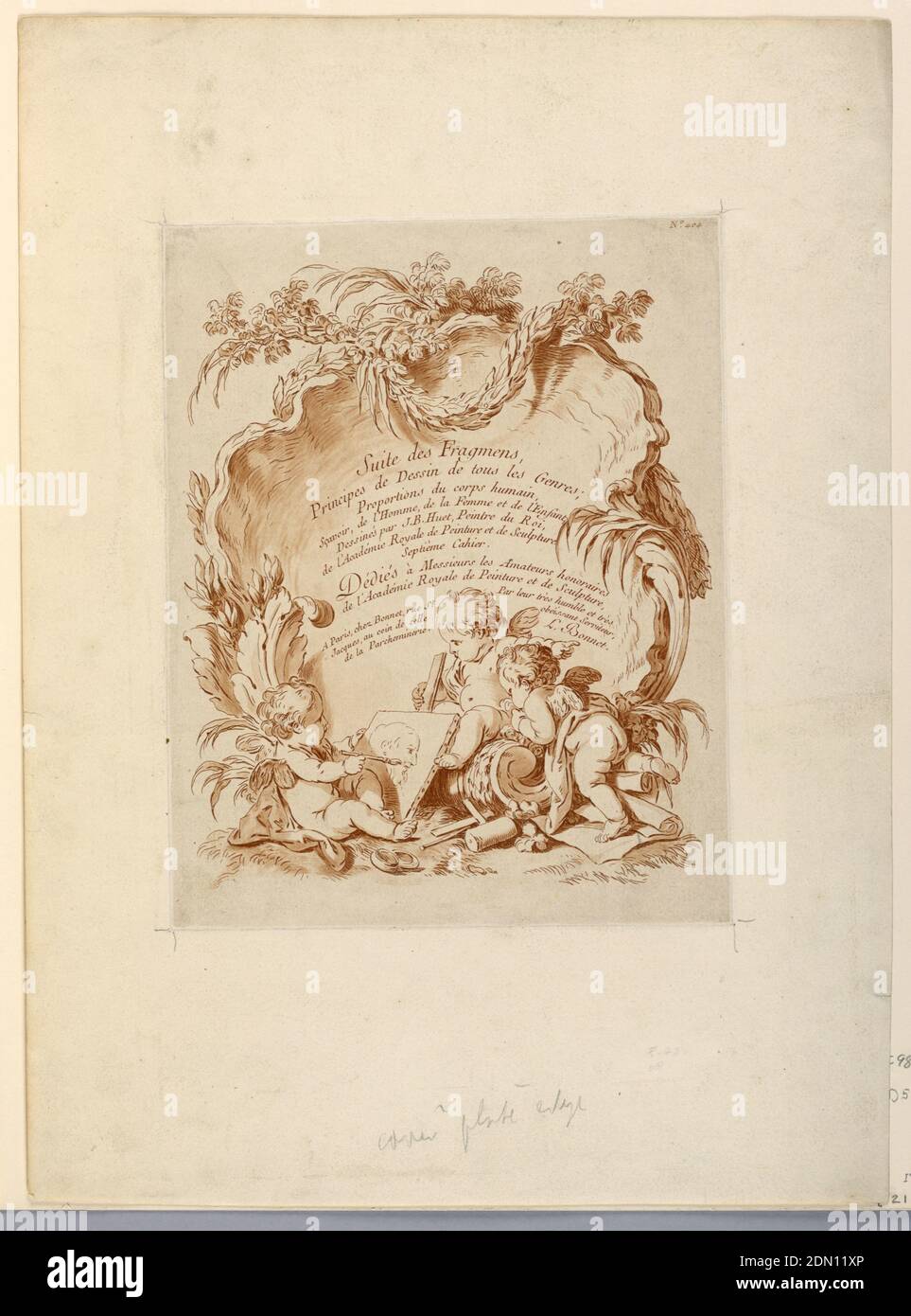 Titolo del Settimo set di 'Suite des Fragmens', Louis-Marin Bonnet, francese, 1736 - 1793, Jean-Baptiste Marie Huet, (francese, 1745–1811), acquaforte con acquatinto in rosso brunastro su carta, il testo è scritto in una conchiglia eretta, in fondo alla quale due putti guardano un terzo dipinto. Angolo in alto a destra: N. 404, Francia, ca. 1785, Stampa Foto Stock