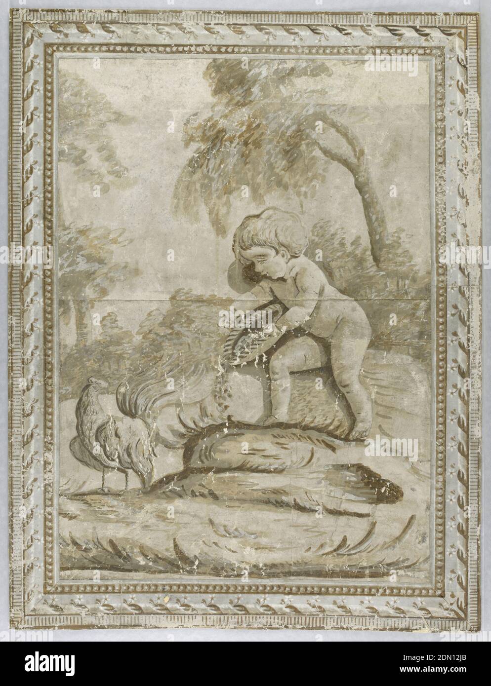 Parete laterale, stampata a blocchi su carta fatta a mano, rettangolo verticale. Scena con putto che alimenta un pollo, sotto due alberi. Stampaggio architettonico simulato applicato come bordo., Parigi, Francia, 1785–90, Wallcoverings, Sidewall Foto Stock