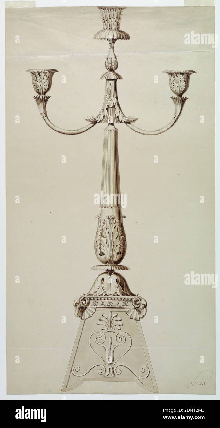 Disegno per un Candlestick, penna e inchiostro, pennello e lavaggi marroni su carta, Germania, 1815-1819, disegno Foto Stock