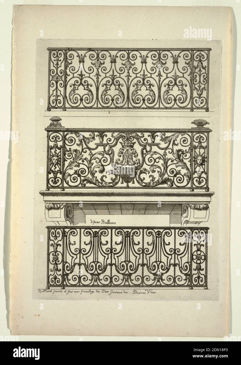 Diferent BallIcons (balconi diversi), in Nouveau Livre de Serrurie (nuovo libro di Ironsmithing), Daniel Marot, francese, attivo nei Paesi Bassi e in Inghilterra, 1661–1752, incisione e incisione su carta bianca, tre varianti di ferro per balconi., Paesi Bassi, ca. 1700, architettura, Stampa Foto Stock