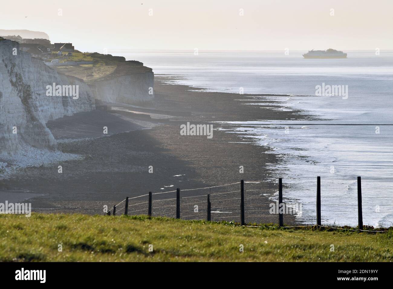 Scogliere bianche e traghetto mattutino Newhaven con bassa marea vicino a Saltdean, East Sussex, Inghilterra, Regno Unito Foto Stock