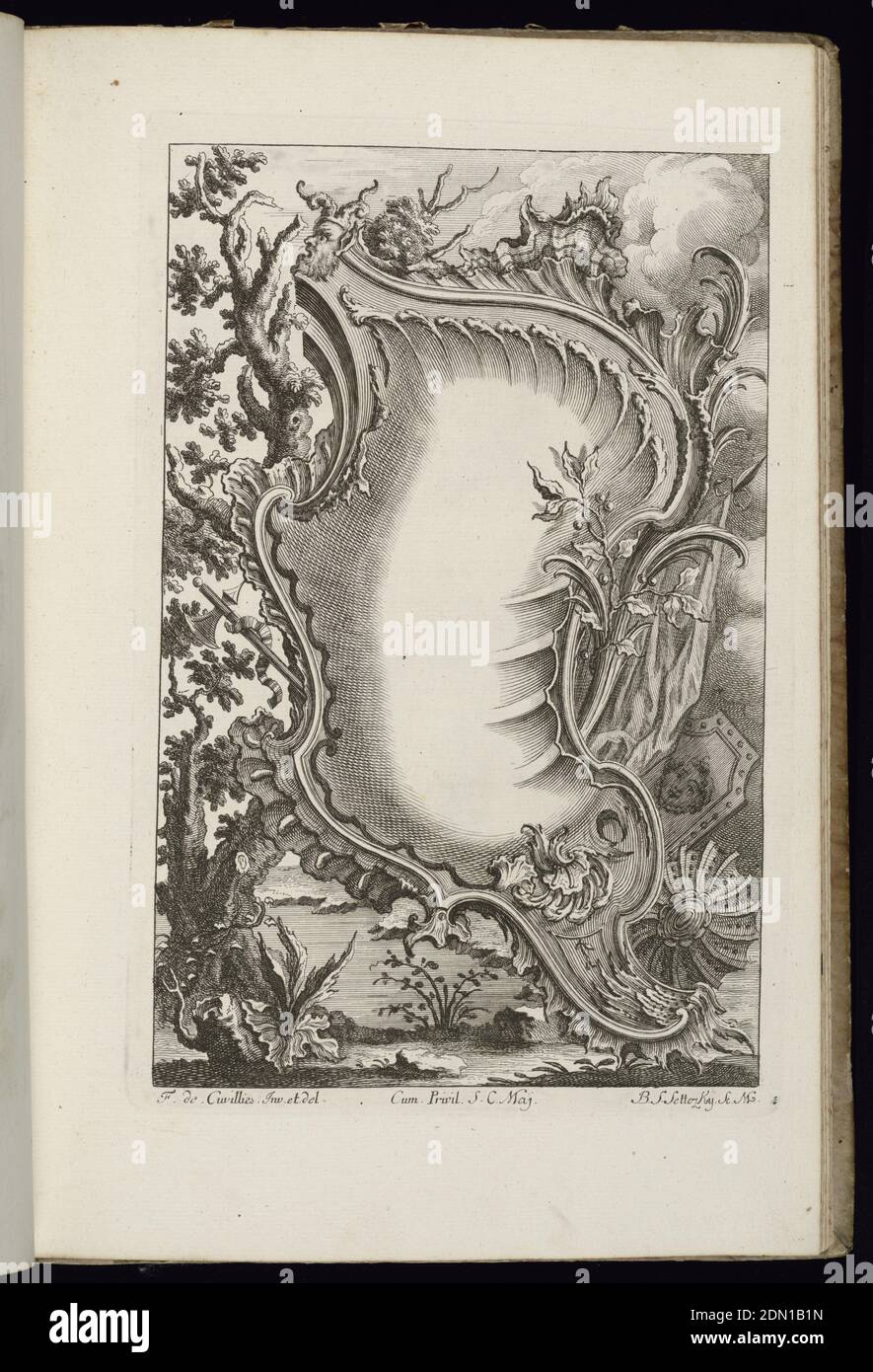 Cartouche con maschera, Livre de carteles Irréguliers (Libro di intagli irregolari), François de Cuvilliés il Vecchio, Belgio, Germania attiva, 1695-1768, Balthazar Sigismond Setlezky, tedesco, 1695-1774, François de Cuvilliés il Vecchio, Belgio, Germania attiva, 1695-1768, incisione e incisione su carta, Cartouche asimmetriche bianche in stile rococò sormontata da una maschera; un grande albero a sinistra. Schermature e vegetazione circondano la cornice ornamentale., Monaco, Germania, 1738, album (rilegati) e libri, stampa rilegata, stampa rilegata Foto Stock