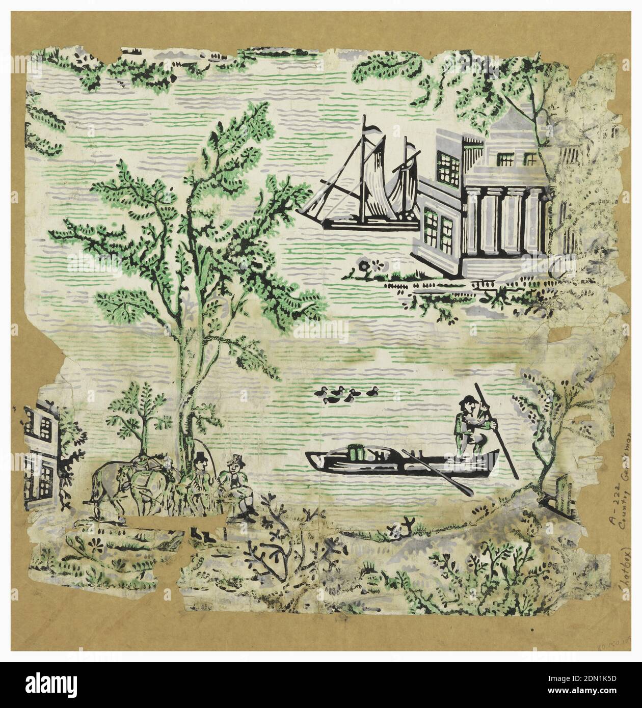 Parete laterale, stampata a blocchi, uomo in barca con un gruppo di anatre che nuotano nelle vicinanze. Un'altra coppia di uomini con cavalli seduti sotto gli alberi. Edifici classici e nave in lontananza. Stampato in verde, grigio e nero su terreno biancastro, USA, ca. 1810, rivestimenti, pareti laterali Foto Stock