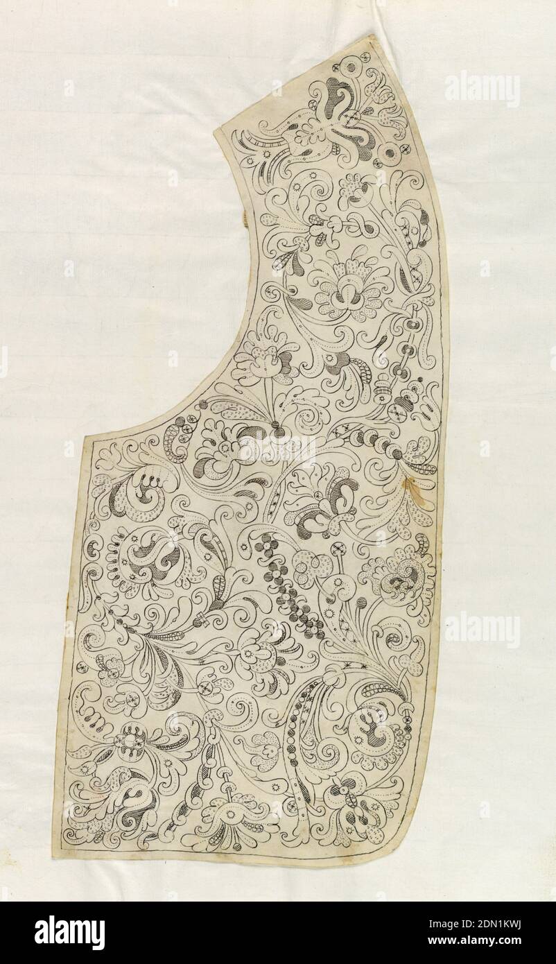 Design per la realizzazione di un uomo ago colletto in pizzo, penna e inchiostro nero su carta pergamena, Europa, ca. 1660, disegni tessili, disegno Foto Stock