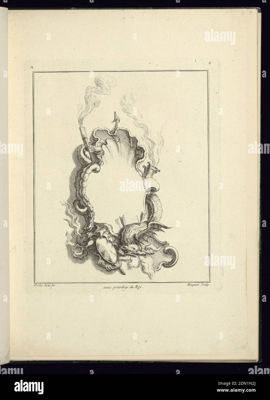 Disegno per Cartouche: Allegoria del fuoco, Jacques de Lajoüe, francese,  1687–1761, Gabriel Huquier, francese, 1695–1772, incisione su carta bianca,  Cartouche consistente di riferimenti al fuoco: Una torcia a fiamma (in alto  a