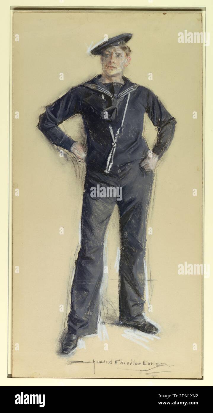 A Jack Tar (guerra americana spagnola), Howard Chandler Christy, americano, 1872 - 1952, i figli di Charles Scribner, New York, New York, USA, pastello su carta, la figura a tutta lunghezza di un marinaio americano in uniforme, di fronte allo spettatore, la testa si girò verso sinistra. Le sue mani sono alle sue anche., USA, 1899, figure, disegno Foto Stock
