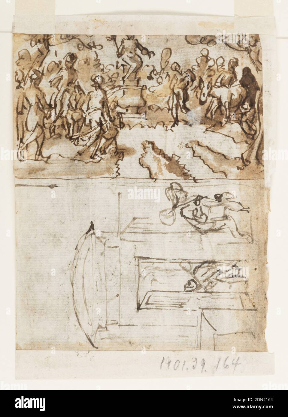 Recto: Cristo guarisce paralitici vicino alla piscina di Bethesda; verso, sopra: Mercurio, patrono dei viaggiatori; verso, sotto: Studi di un uomo vicino ad una porta aperta, Jan van der Straet, chiamato Stradanus, fiammingo, 1523–1605, penna e inchiostro, pennello e lavaggio grigio su carta, rettangolo verticale. Verso: A destra, un'area circolare, arcate, in cui sono seduti un certo numero di persone. Altri sono visti nella corsia stretta che circonda l'area, seduto e sdraiato circa. Cristo sta in primo piano, avvicinandosi ad una delle figure in subalbina. Recto, in alto: Rettangolo orizzontale. Una statua, al centro, con gruppi di persone in movimento Foto Stock