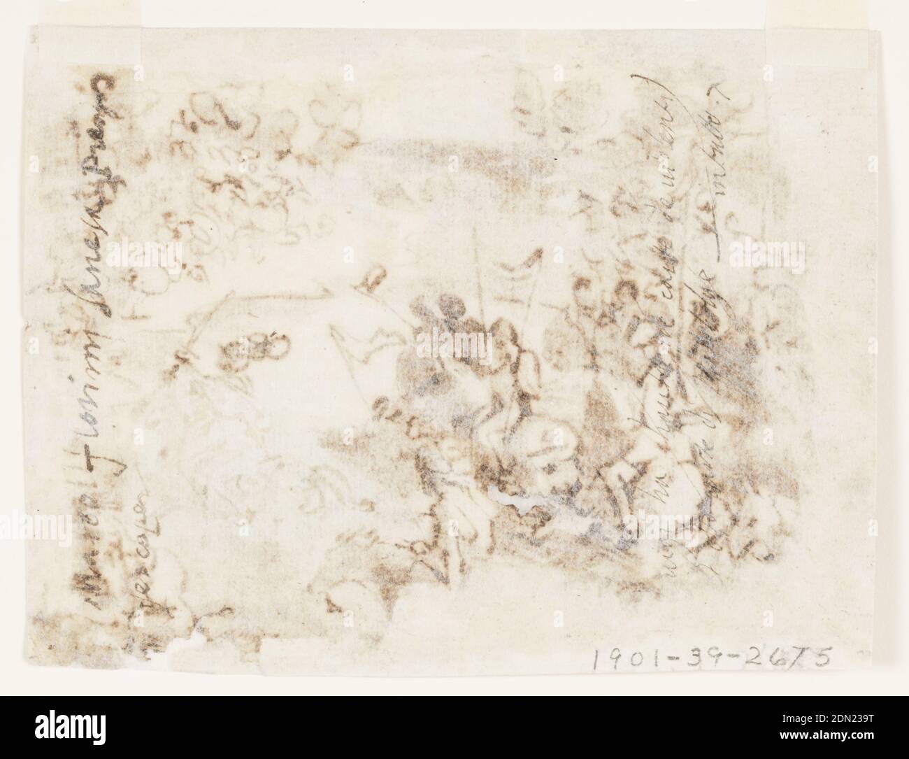 Recto: Giovanni de 'Medici ('dalle bande nere') guida le sue truppe attraverso il fiume Adda, guidando indietro le forze spagnole, 1521; verso: Iscrizioni, Jan van der Straet, chiamato Stradanus, fiammingo, 1523–1605, penna e inchiostro marrone, pennello e lavaggio su carta, rettangolo orizzontale. Le forze opposte a cavallo si affrontano a vicenda, le truppe a sinistra si muovono attraverso un fiume verso il nemico. Iscrizione sul verso., Paesi Bassi, 1583 o prima, figure, disegno Foto Stock