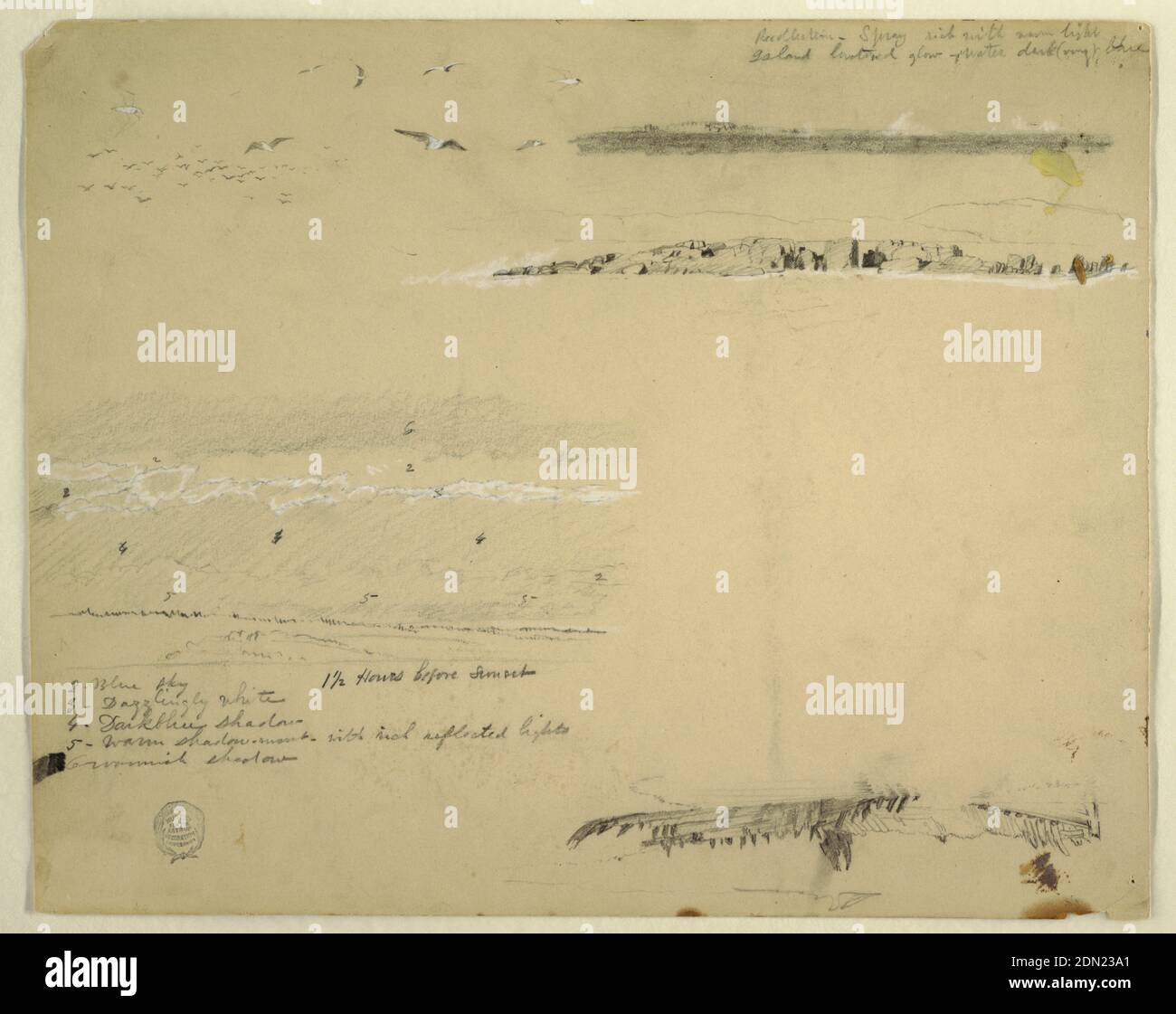 Studi di gabbiani, Rocky Coast e Cloudy Sky, Great Manan, Canada, Frederic Edwin Church, American, 1826–1900, grafite, pennello e gouache bianche su carta marrone chiaro, serie orizzontali di schizzi, in alto a sinistra: Gabbiani; in alto a destra: Vista della costa lontana; in seconda fila: Rocce della costa del Grande Manan [così], una catena montuosa è sullo sfondo; e alla terza fila a sinistra: Cielo nuvoloso sulle colline., USA, settembre 1851, studi sulla natura, disegno Foto Stock