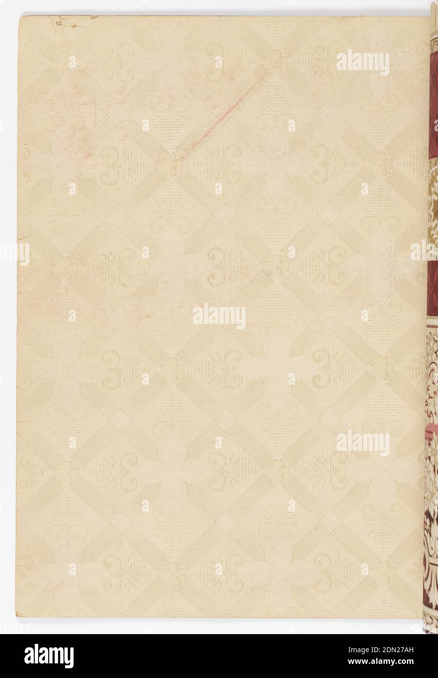 Carta da parati Alfred Peats, n. 1, carta stampata a macchina, selezione di campioni di carta da parati, rilegata in copertina di carta nera in rilievo. Contiene set combinati di carte per pareti laterali, fregio/bordi e per soffitti abbinate. La maggior parte sono molto conservatrici, mostrando disegni floreali e di frutta stilizzati in stile Arts and Crafts/Mission e in stile art nouveau. Contiene carte per tutte le stanze della casa. Non contiene sanitari, ingrain, soffitti indipendenti, bordi tagliati o carta per ingrain/farinata d'avena., USA, 1915, Wallcoverings, Sample book Foto Stock