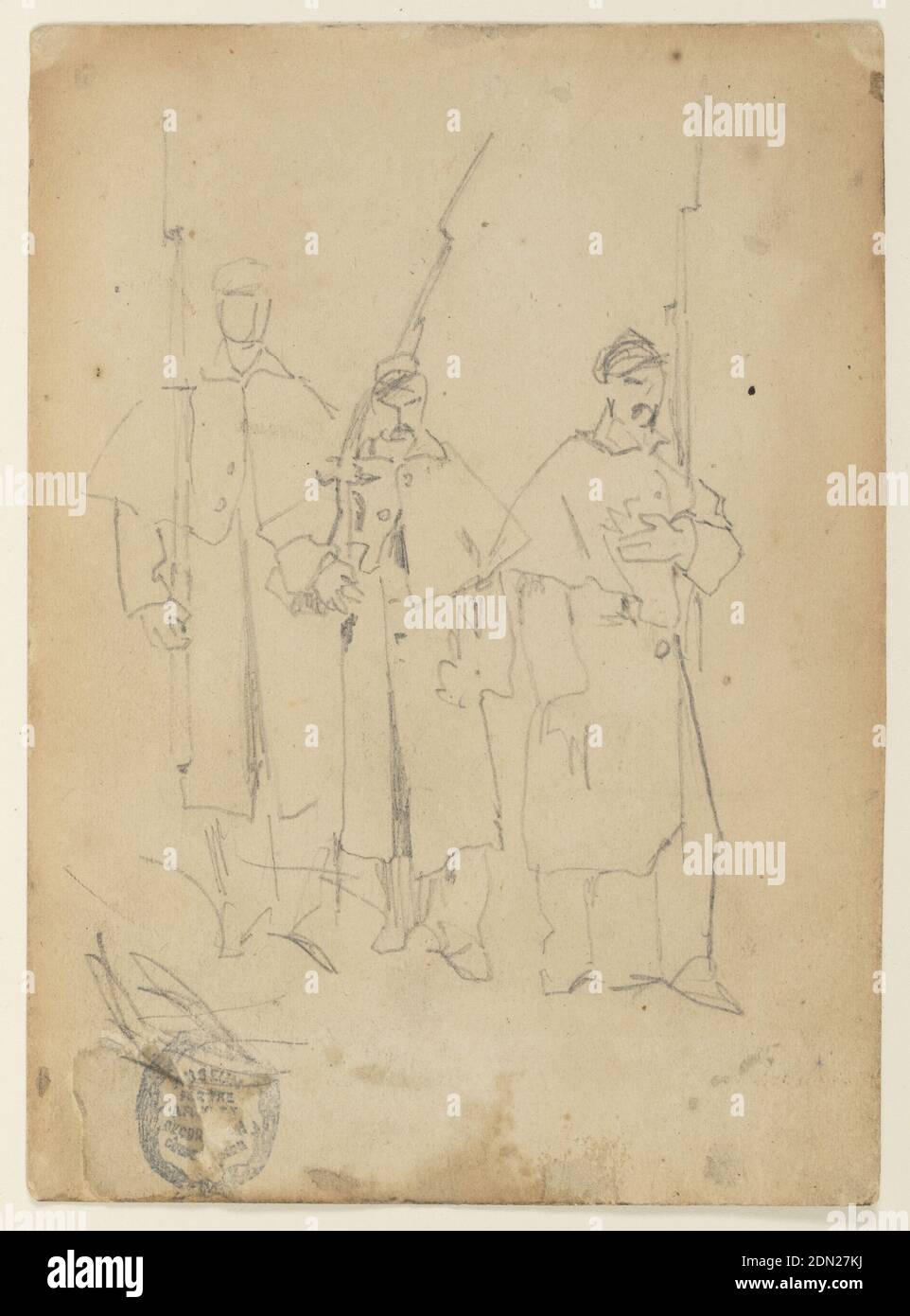 Tre soldati, Winslow Homer, americano, 1836–1910, grafite su carta crema, vista verticale di tre soldati con fucili con baionette fisse., USA, 1862, figure, disegno Foto Stock