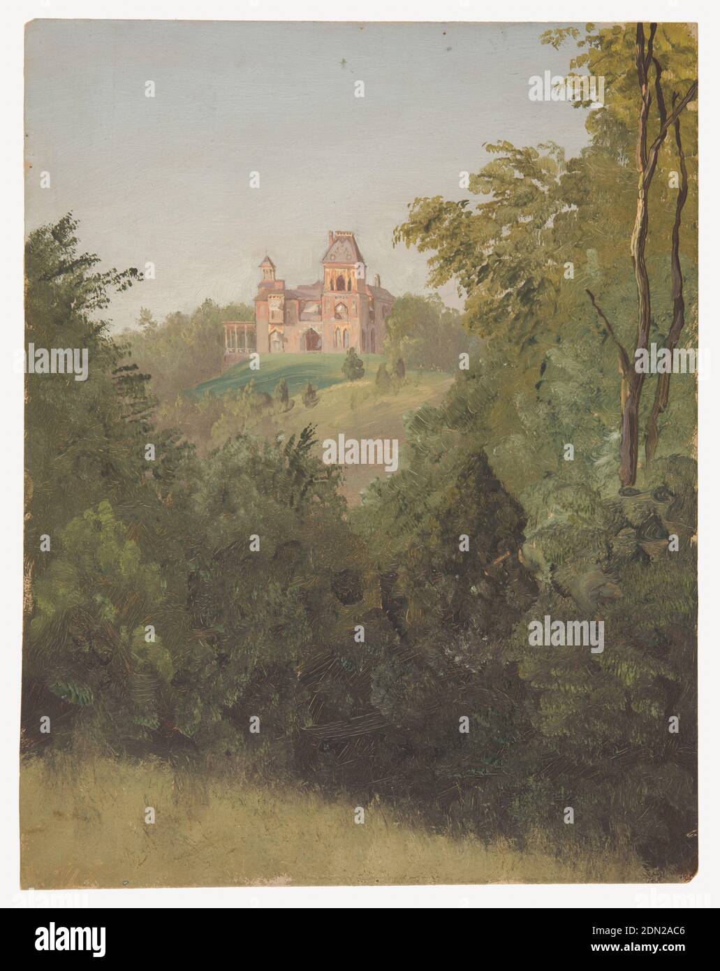 Olana dal sud-ovest, Frederic Edwin Church, americano, 1826–1900, dipinto a pennello e olio su cartoncino, vista verticale di una grande casa a due torri con balconi e un portico, situato sul punto di vista di una collina, vista da una distanza con alberi e fogliame in primo piano. Due alberi di betulla a destra., USA, ca. 1872, paesaggi, disegno Foto Stock