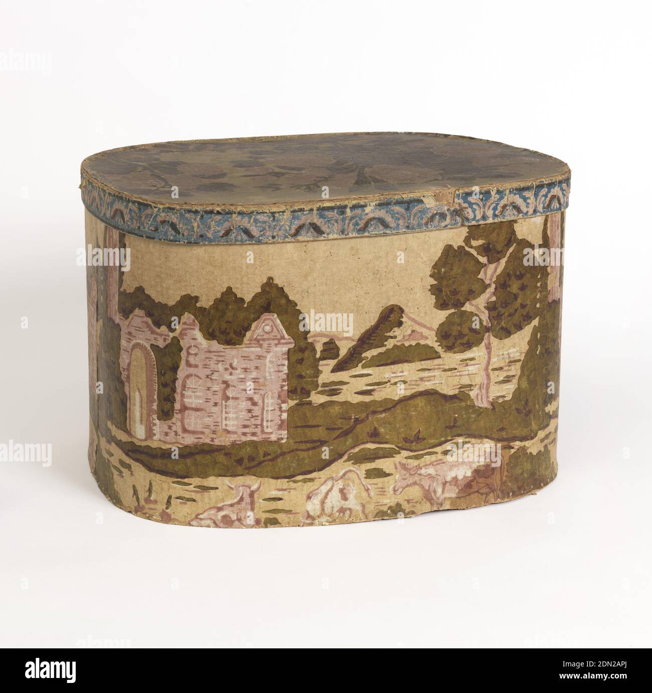 Bandbox, carta stampata a blocchi, supporto pasteboard, USA, ca. 1830, Wallcoverings, Bandbox Foto Stock