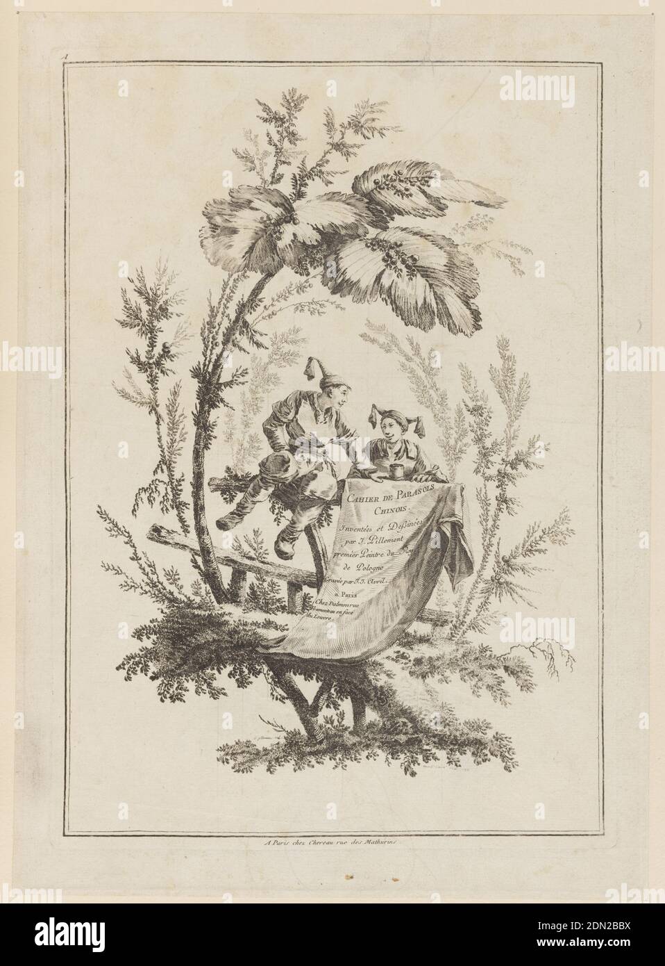 Cahier de parasols Chinois, Jean-Baptiste Pillement, francese, 1728–1808, acquaforte su carta, Francia, 1728-1808, Stampa Foto Stock