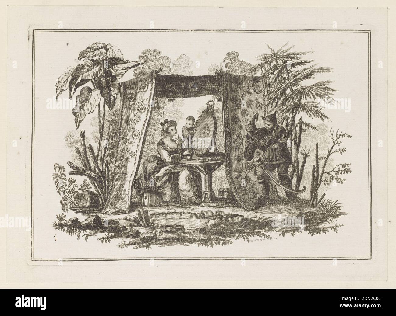 Women Looking in Mirror, from 'Nouveau Cahier de Six Feuilles De Différents Sujets Chinois Historiés', Jean-Baptiste Pillement, francese, 1728–1808, Jean-Jacques Avril il il Vecchio, francese, 1744 - 1831, incisione e incisione su carta depresso, Francia, 1773, Stampa Foto Stock