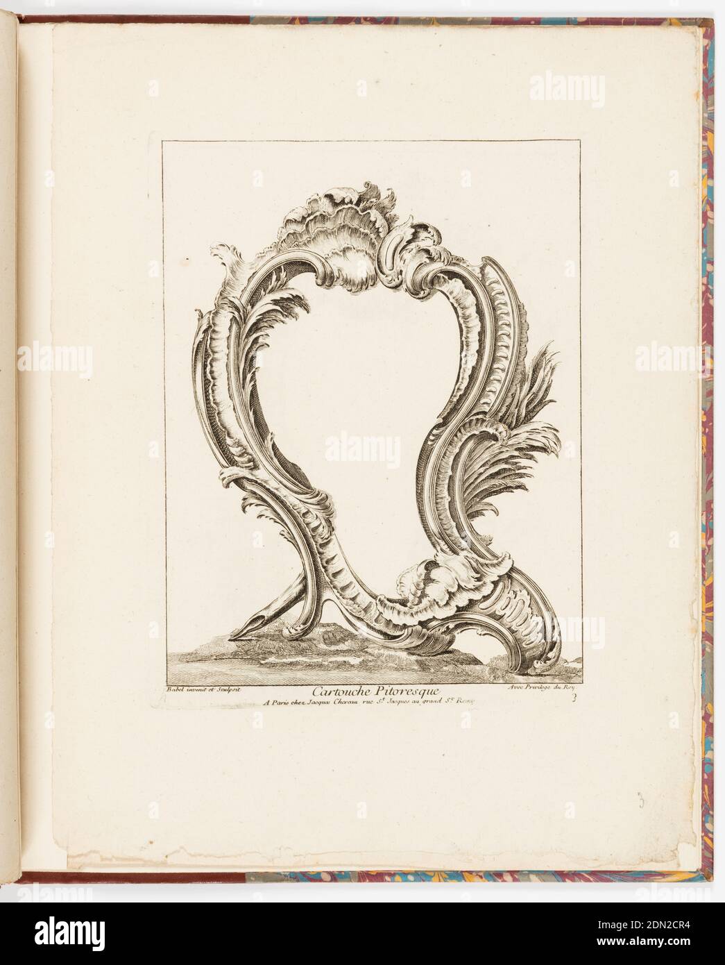 Cartouche pitoresque (Cartouche pittoresca), Pierre Edme Babel, francese, ca. 1720-1775, Jacques Chéreau, francese, 1688–1776, incisione su carta, piatto 3 di una serie di 4 disegni ornamento cartouche. Cartouche asimmetrico in stile rococo, posto su un terreno con colline, con parte in basso a sinistra di una lettura., Parigi, Francia, 1720–75, ornamento, stampa rilegata, stampa rilegata Foto Stock