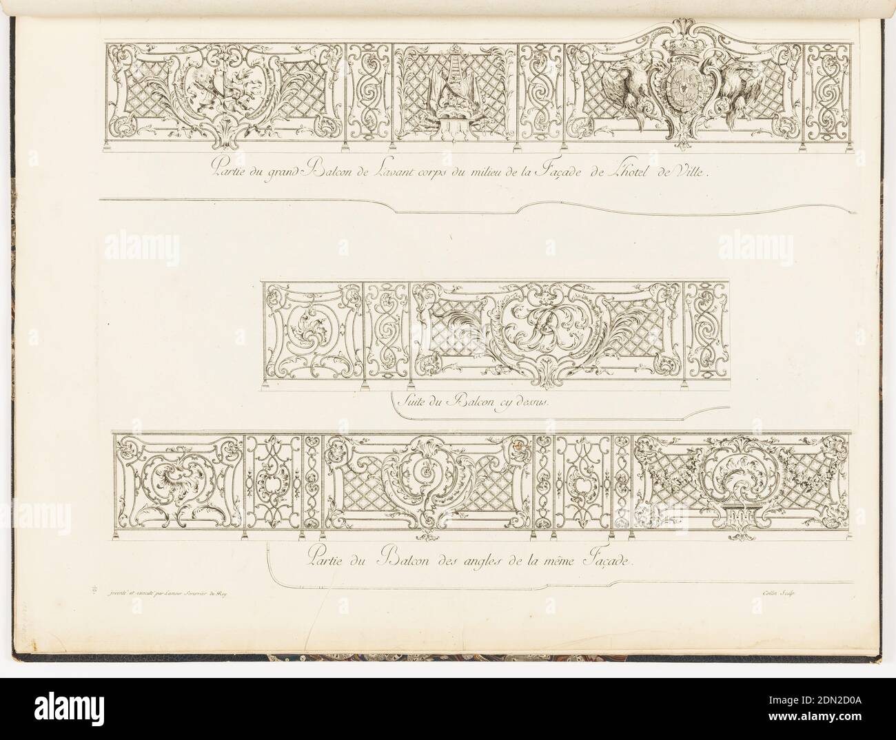 Disegni per tre sezioni di balcone in metallo per la facciata dell'Hotel de Ville, piatto 5 da Recueil des ouvrages en serrurerie que Stanislas le Bienfaisant, roi de Pologne, duc de Lorraine et de Bar, a fait poser sur la Place royale de Nancy, à la gloire de Louis le Bien-Aimé (Una collezione di disegni di Locksmith…per il Palazzo reale di Nancy), Jean Lamour, francese, 1698–1771, incisione su carta in panna pesante, Nicole Collin (francese), incisore, Francia, ca. 1763-67, Stampa Foto Stock