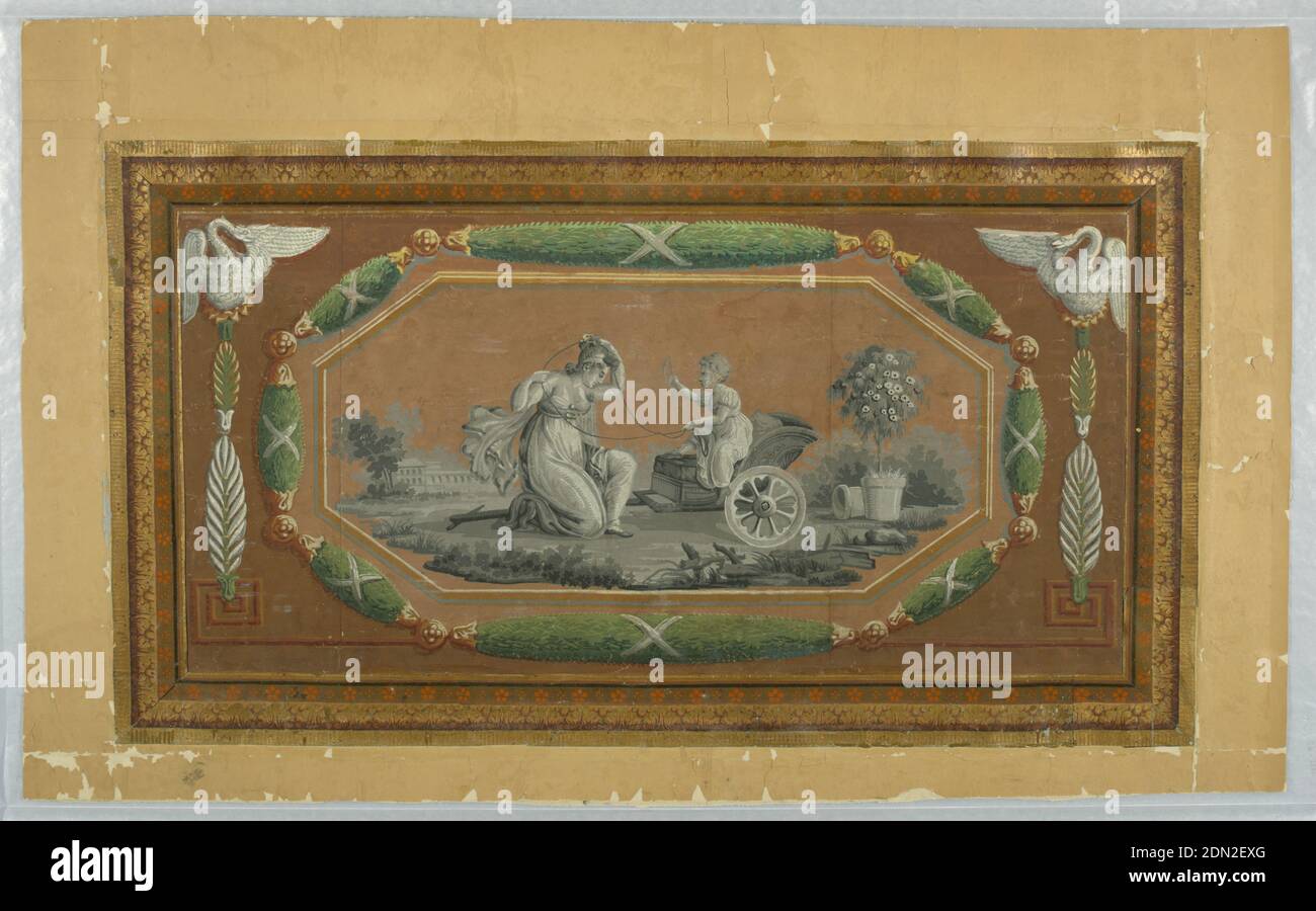 Dado, carta stampata a blocchi, scene incorniciate in medaglione ottagonale, con gru bianca o cigno su entrambi gli angoli superiori, una corona di alloro fiancheggia entrambi i lati del medaglione. Lungo il bordo superiore si snoda un disegno a tallone e bobina, con un uovo e una freccetta che corre lungo il bordo inferiore. A) contiene una figura femminile con il bambino su un cavallo a dondolo; b) due figure con il più piccolo in carro., Francia, 1800–1825, Wallcoverings, dado Foto Stock