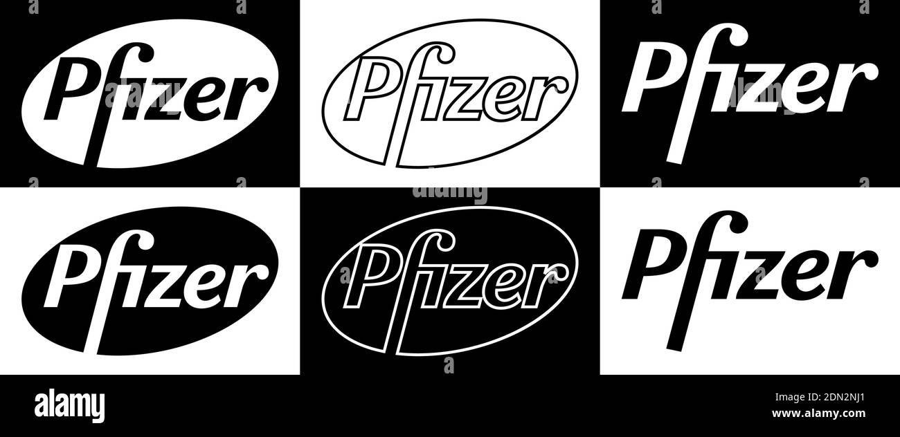 Pfizer Vector Logo - Black Color Silhouette Set - Società farmaceutica americana che ricerca e sviluppo di vaccini e prodotti medicali. Illustrazione Vettoriale