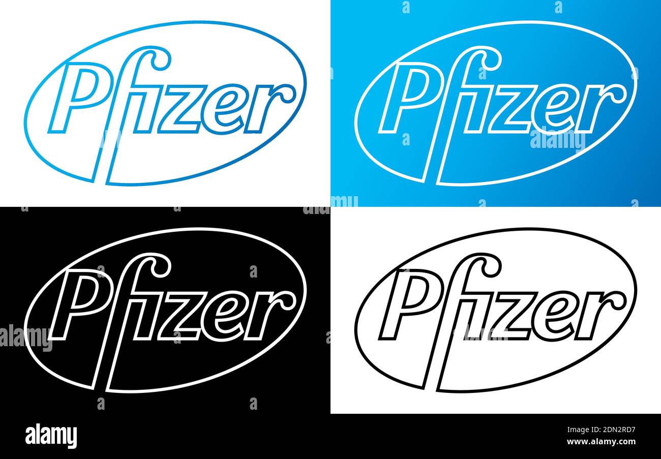 Logo Pfizer Vector - ultima silhouette blu e nera Set - American Pharmaceutical Corporation che ricerca e sviluppo vaccini e pharm Illustrazione Vettoriale