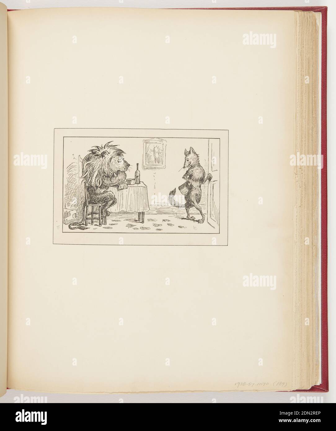 Il Leone e la volpe, stampato in inchiostro nero su carta, sinistra, profilo di leone seduto al tavolo con zampa sinistra per bocca. Recipiente e bottiglia di vino sul tavolo. Dietro il leone ci sono teschi. Destra, volpe in piedi sulle gambe posteriori, mani sulla porta, con cappello in mano. Varie impronte a terra., USA, 1878, album (bound) e libri, Ephemera, Ephemera Foto Stock