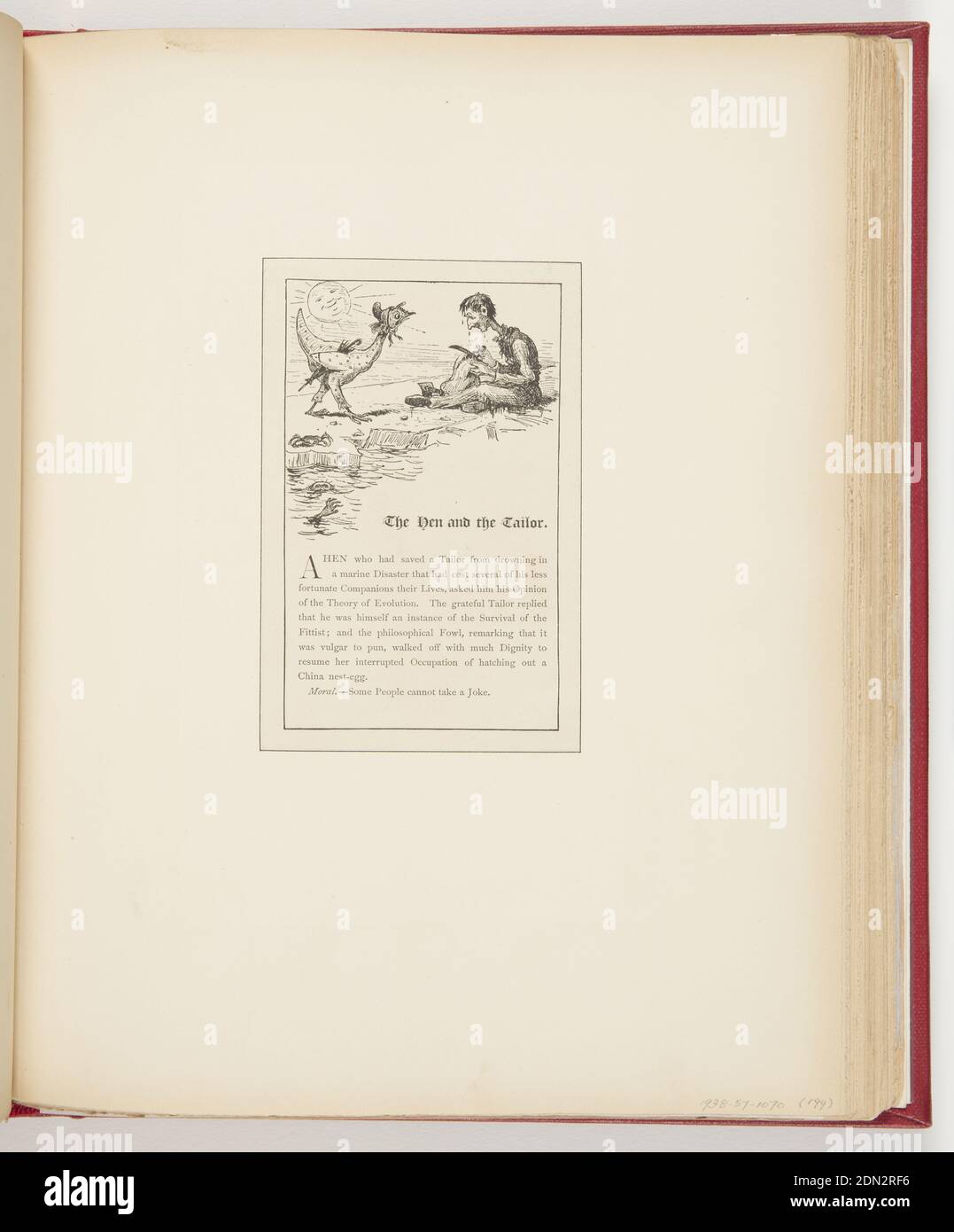 L'Hen e il Sailor, stampato in inchiostro nero su carta, in alto a sinistra, profilo laterale di pollo con cofano e ombrello sotto l'ala. In alto a destra, profilo dell'uomo seduto che taglia il tessuto con le forbici. Entrambi sono su iceberg. In basso a sinistra, figura di riferimento. Di seguito, breve storia. Smiling Sun in background., USA, 1878, Albums (Bound) & books, Ephemera, Ephemera Foto Stock