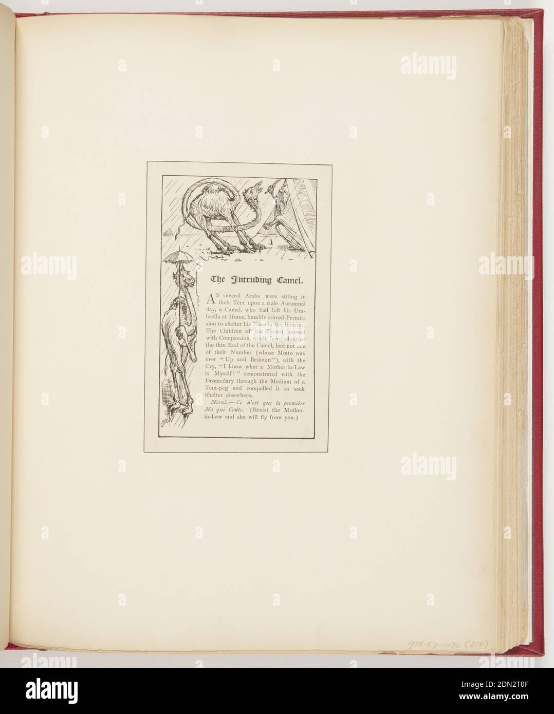 Il cammello intruso, stampato in inchiostro nero su carta, Top; centro, profilo di cammello, scioccato, collo teso sopra e sotto il suo corpo; destra, profilo di figura con bastone in mano, urlando a cammello, uscendo dalla tenda; in basso a destra, piramide in lontananza. A sinistra, davanti al cammello che tiene l'ombrello. Piove in entrambe le immagini. Center right, short story., USA, 1878, Albums (Bound) & books, Ephemera, Ephemera Foto Stock