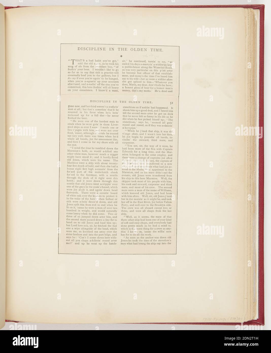 Discipline in the Olden Time, stampato in inchiostro nero su carta, breve storia da "Archibald the Cat, and Other Sea Yarns", su un marinaio che rivive i ricordi di lui e del vecchio amico., USA, 1878, album (Bound) e libri, Ephemera, Ephemera Foto Stock