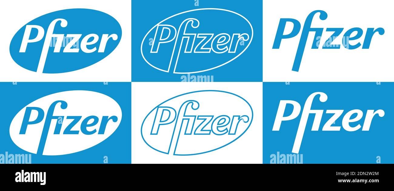 Pfizer Vector Logo - Latest Blue Color Set - Società farmaceutica americana che ricerca e sviluppo di vaccini e prodotti medicali. Farmacia Illustrazione Vettoriale