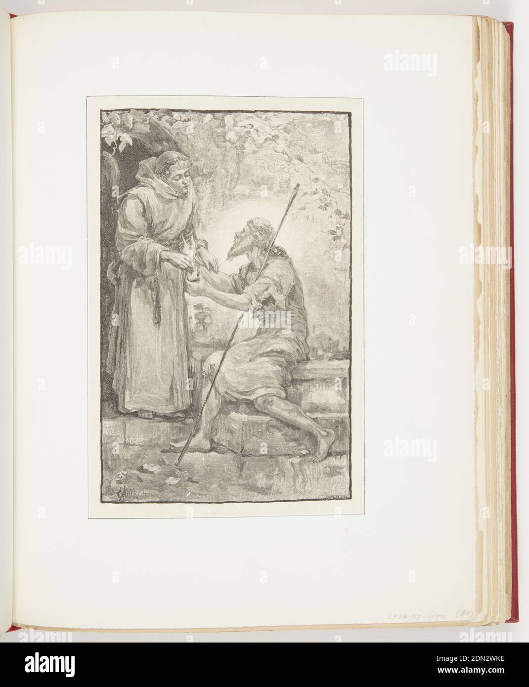Gregory, Illustration for Harper's New Monthly Magazine (LXVIII, No. CCCCIII, 1883 dicembre, pag. 17), Ernst Heinemann, American, 1848 - 1912, Harper's Weekly, Etching in black ink on paper, Left, figura vestita in veste, forse un santo, piegandosi verso destra; destra, profilo della figura in stracci seduta con il personale del pastore che guarda sopra ed estende le braccia all'uomo in accappatoio. La luce splende dietro la figura a destra, la vegetazione sullo sfondo., USA, dicembre 1883, figure, Ephemera Foto Stock