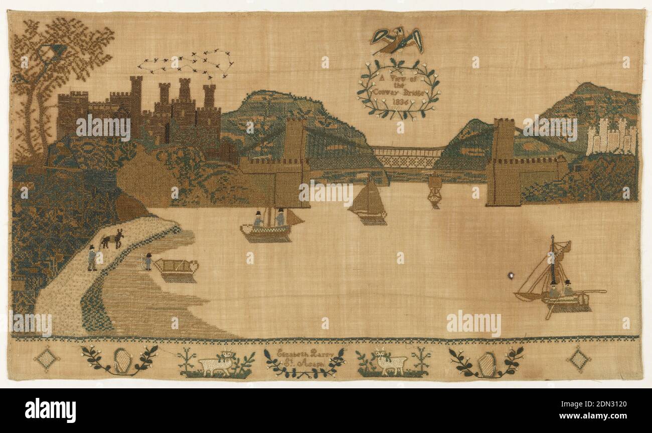 Immagine ricamata, Elizabeth Parry, Medium: Ricamo di seta, tecnica di fondazione del lino:, pannello orizzontale che mostra il Ponte, cinque barche sul fiume, diversi edifici sulla riva; aquila nel cielo con la corona 'A View of Conway Bridge 1836'; Sul bordo inferiore ci sono due arpe, due pecore e 'Elizabeth Parry St. Asaph.', Inghilterra, 1836, ricamo e cucito, immagine ricamata Foto Stock