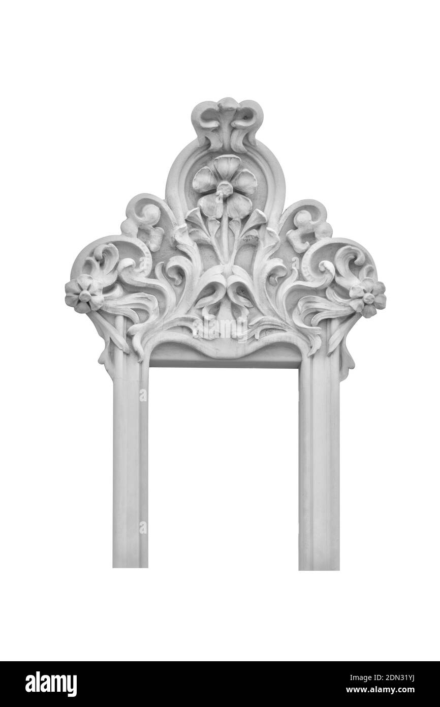 Per le strade della Catalogna, luoghi pubblici. Elementi di decorazioni architettoniche di edifici, porte e archi, modanature e motivi in gesso. Foto Stock Per le strade della Catalogna, luoghi pubblici. Elementi di decorazioni architettoniche di edifici, porte e archi, modanature e motivi in gesso. Foto Stock