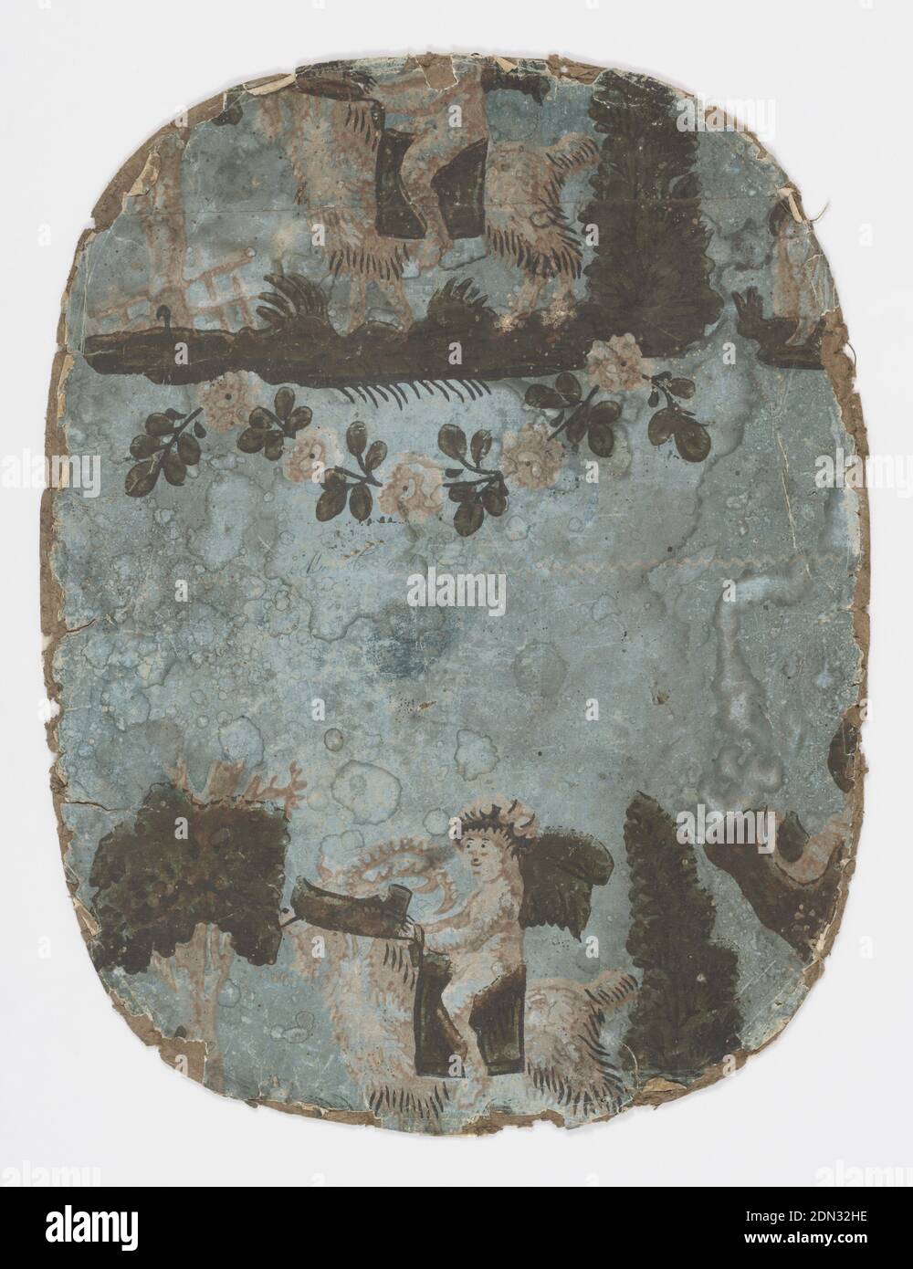 Frammento di copertina di Bandbox, stampato su carta fatta a mano, supporto di pasteboard, c) due porzioni dello stesso disegno, raffigurante Bacco infantile, con ghirlanda sulla testa e cavalcando una capra., USA, ca. 1830, Wallcoverings, Bandbox Cover Fragment Foto Stock