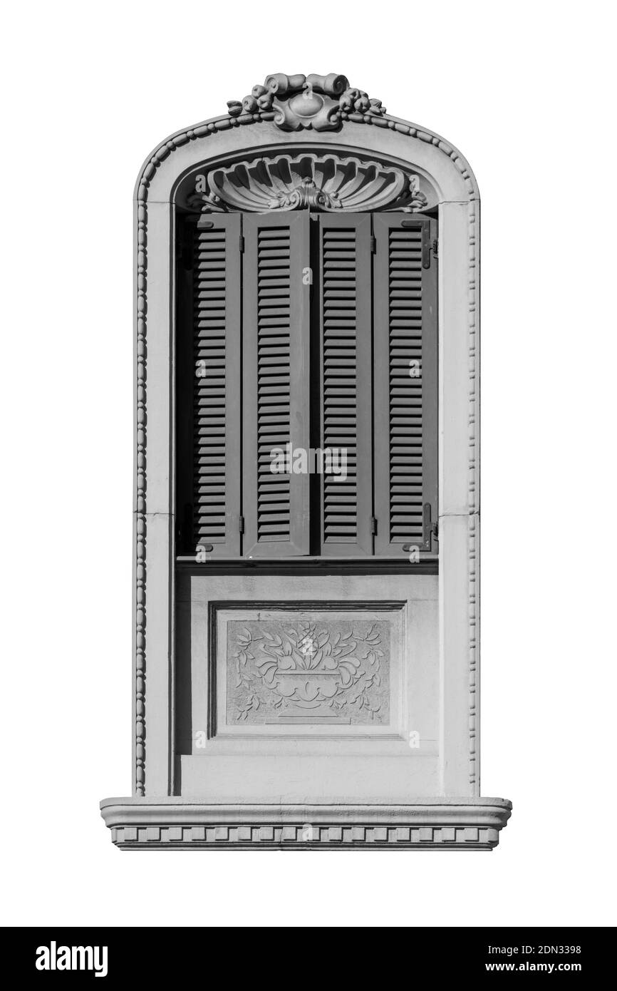 Elementi di decorazioni architettoniche di edifici, balconi e finestre, archi e balaustre, stucco in gesso. Per le strade della Catalogna, pubblico p Foto Stock
