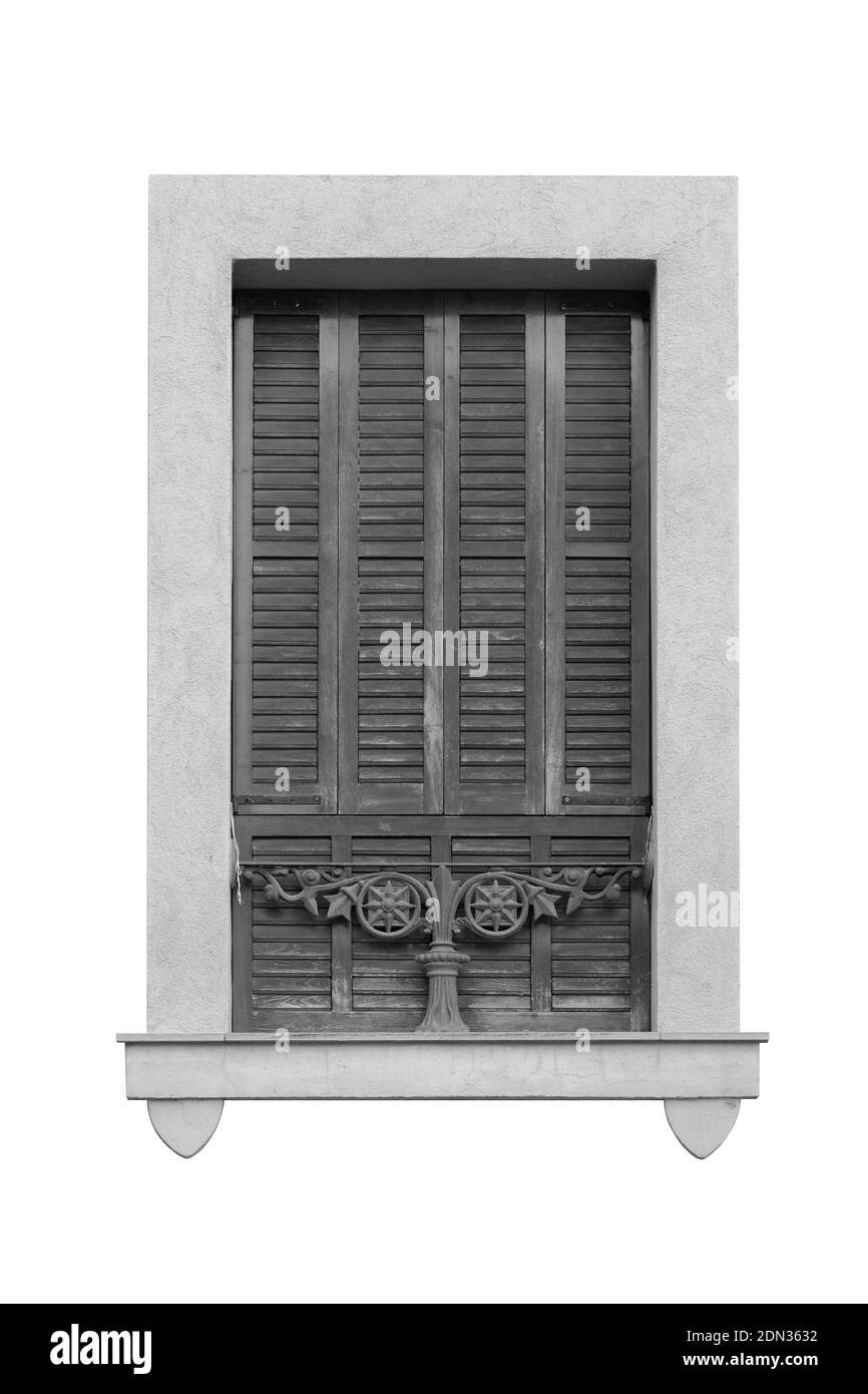 Elementi di decorazioni architettoniche di edifici, balconi e finestre, archi e balaustre, stucco in gesso. Per le strade della Catalogna, pubblico p Foto Stock