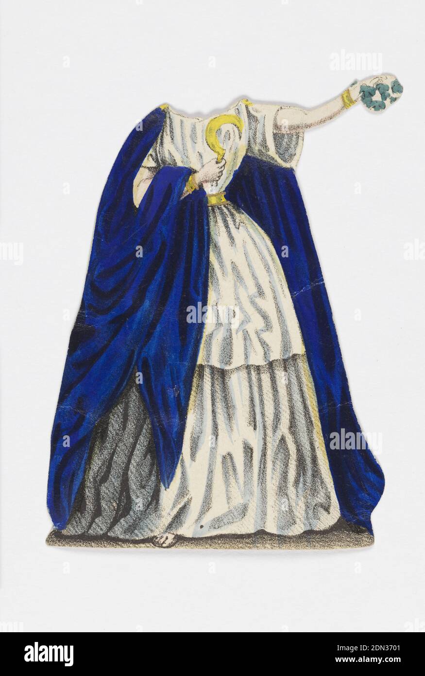 Jenny Lind Paper Doll Costume, norma dell'opera 'norma', litografia su carta di wove bianca, costume di bambola di carta per la figura di Jenny Lind che rappresenta il personaggio norma dell'opera norma., progettato per essere posizionato sopra la bambola., Europa, ca. 1850, giocattoli e giochi, Stampa Foto Stock