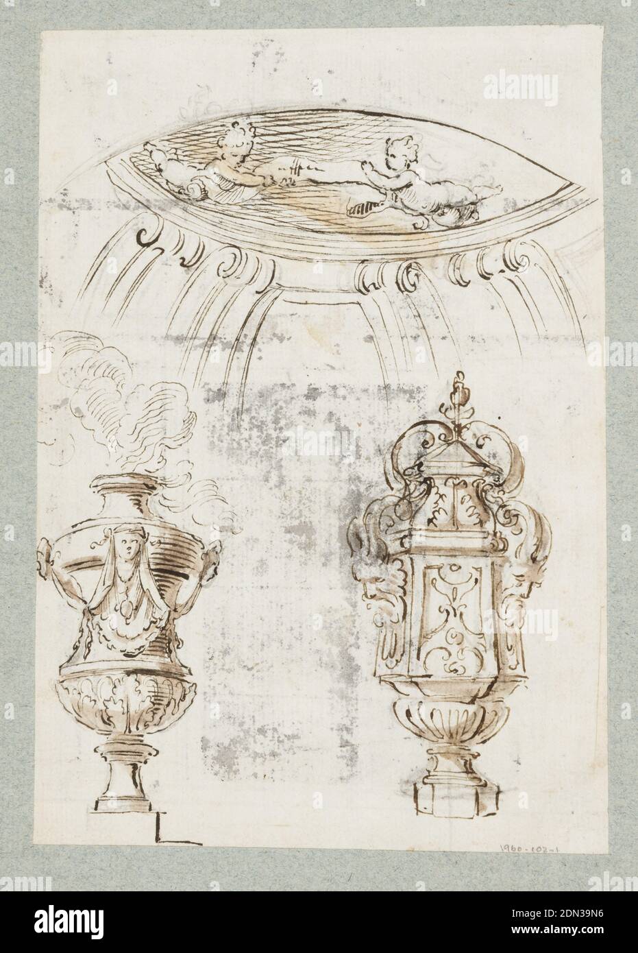 Disegno per un giardino, Oppenord Gilles-Marie, francese, 1672–1742, penna e inchiostro marrone con lavaggi grigi e marroni su carta posata., rettangolo verticale., recto: Una porta da giardino, fiancheggiata da atlantide e sormontata da una balaustra fiancheggiata da fontane di urna e che sostiene una scaglietta tenuta da putti con armi ducali. Una figura vista attraverso la porta., verso: Due urne una si sviluppò nella suite XI piastra 9, ed una sezione di una insenatura circolare del soffitto che mostra due putti che reggono un nastro, eventualmente ispirato dalle decorazioni a volta di S. Carlo ai Catinari, Roma., un foglio di carta disegnato su recto e verso, montato Foto Stock
