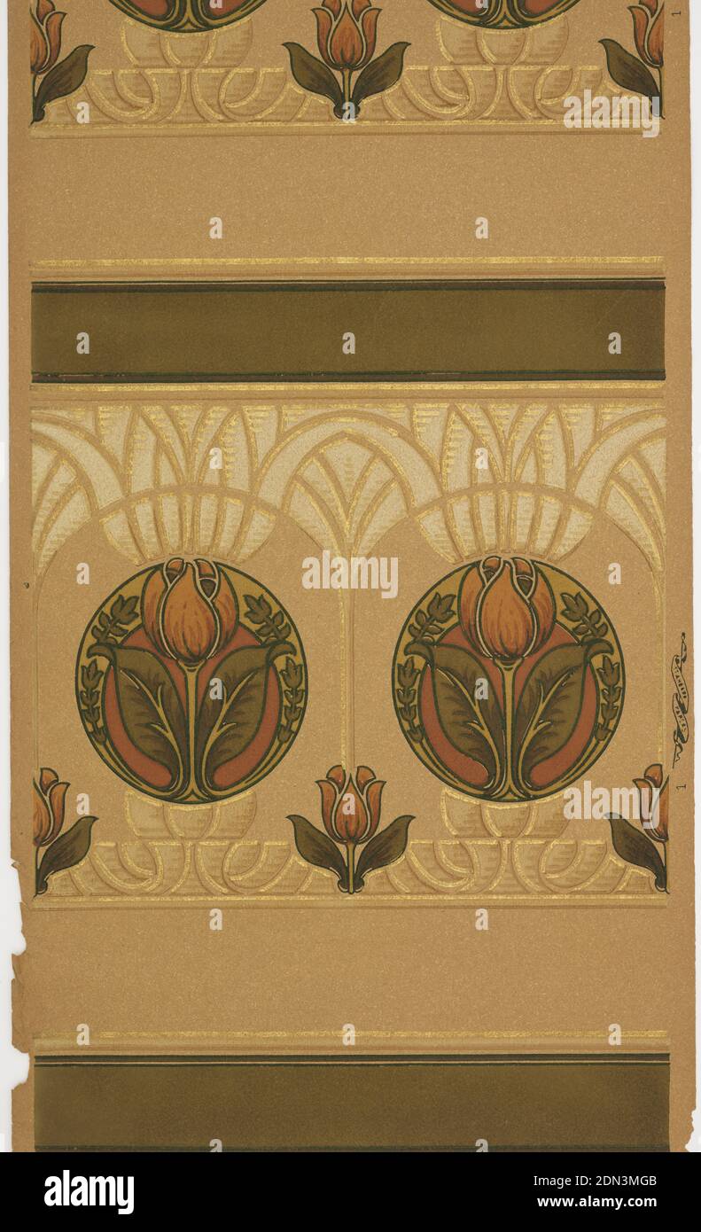 Bordo, Standard Wall-Paper Company, Standard Wall-Paper Company, Sandy Hill, New York, carta da farinata d'avena stampata a macchina, due bordi stampati su tutta la larghezza. Motivo tupide stilizzato all'interno di un cerchio che poi diventa parte di un motivo floreale più grande. Fila di tulipani più piccoli sotto. Fascia marrone pesante in fondo al design., Sandy Hill, New York, USA, 1905–1915, Wallcoverings, Border Foto Stock