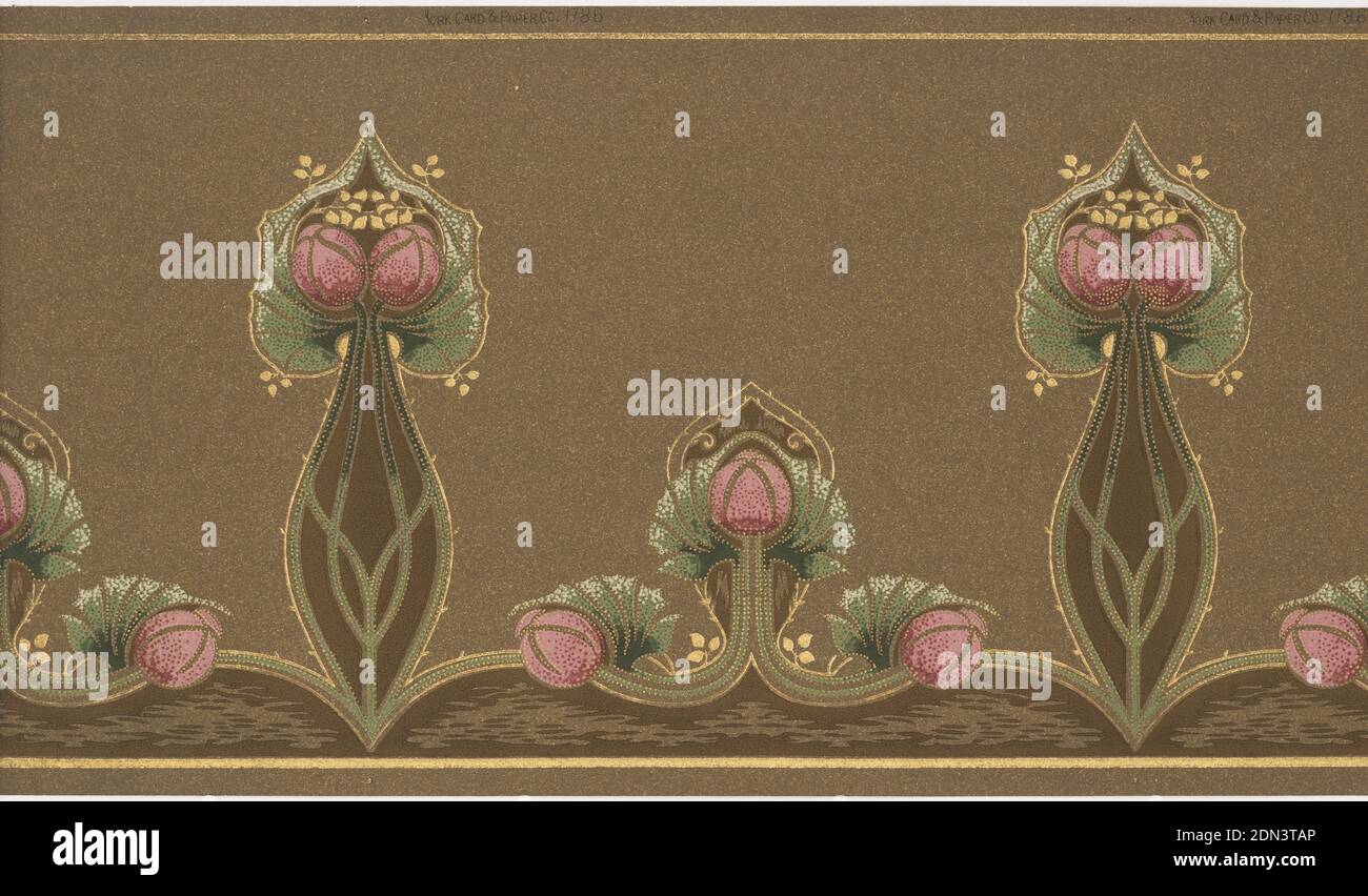Fregio, York Card & Paper Co., 1891, carta stampata a macchina, motivo floreale stilizzato su larga scala, alternato a tre boccioli di fiori più piccoli. Lungo il bordo inferiore è presente una fascia scaloppata. Stampato in rosso, bianco, giallo verde e marrone su carta marrone per farinata d'avena., York, Pennsylvania, USA, 1905–1915, Wallcoverings, Frieze Foto Stock