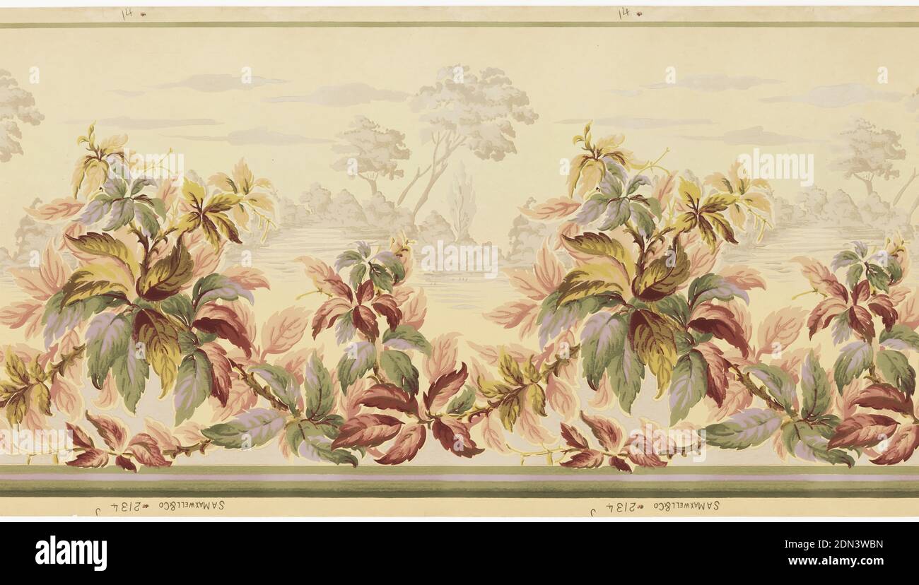 Fregio, Maxwell & Co., S.A., Chicago, Illinois, USA, carta stampata a macchina, Foreground contiene una cespuglio o pianta fogliata più grande che si alterna con una pianta più piccola. Lo sfondo contiene una scena paesaggistica con alberi e nuvole stampati in formato grisaille o ombra., USA, 1905–1915, Wallcoverings, Frieze Foto Stock