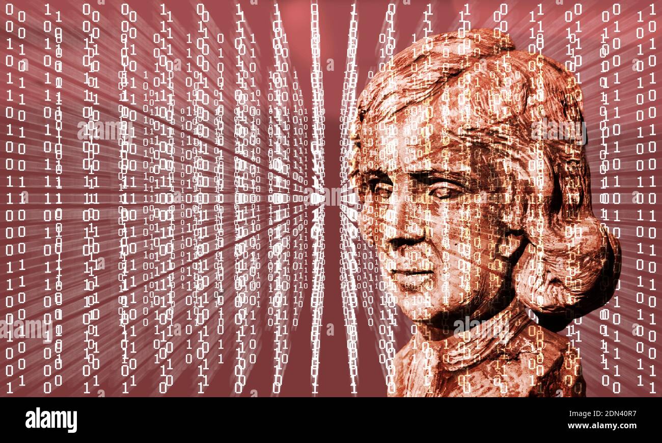 Isaac Newton sovrapposto su sfondo binario Foto Stock