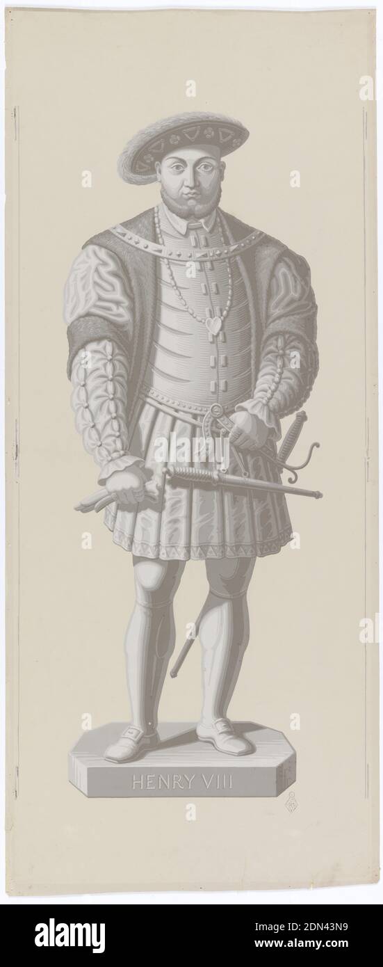 Henry VIII, Jules Desfossé, French, active 1851 - 1863, Block-printed paper, Series of eight panels, each with British ruler, full length, in grisaille. Henry VIII, reigned 1509-47., England, 1881–1882, Wallcoverings, Decorative panel, Decorative panel Foto Stock