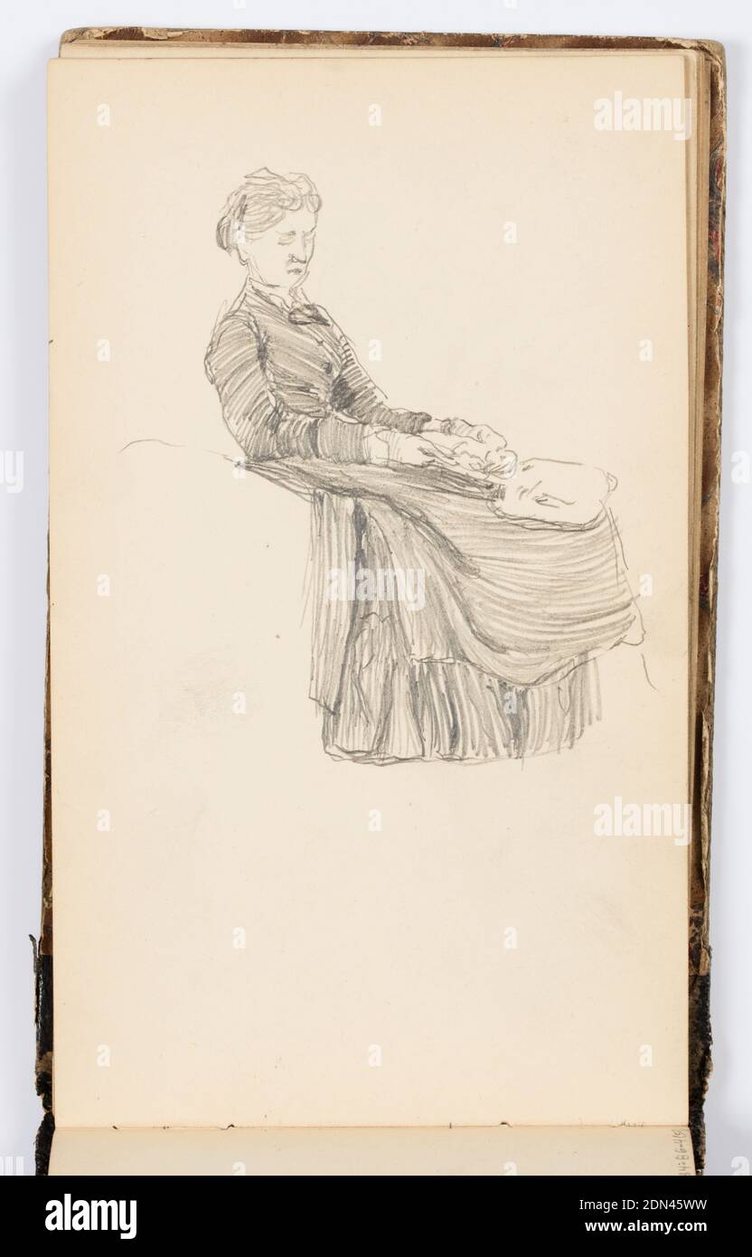 Sketchbook Page, Kenyon Cox, americano, 1856–1919, grafite su carta, schizzo di una donna seduta, tenendo qualcosa in giro., USA, 1875, album (Bound) e libri, portafoglio Sketchbook, portafoglio Sketchbook Foto Stock
