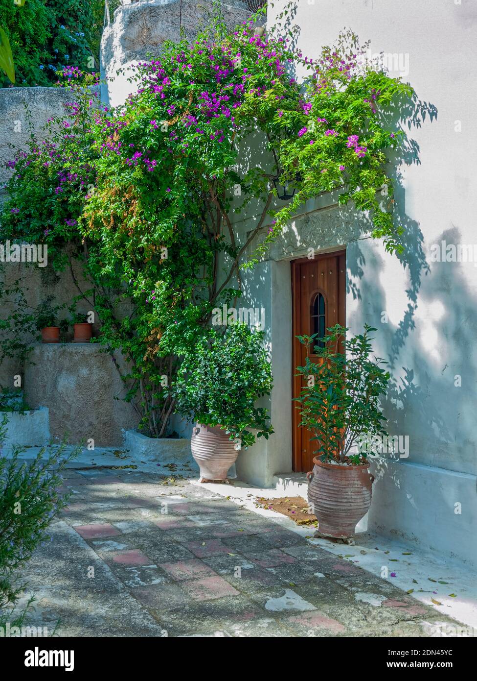 Una buganvillea violetta e due vasi sono sufficienti per seminare il dubbio: Cortile o giardino? Un piccolo parterre all'angolo, protetto dal sole, Anafiotika, Atene. Foto Stock