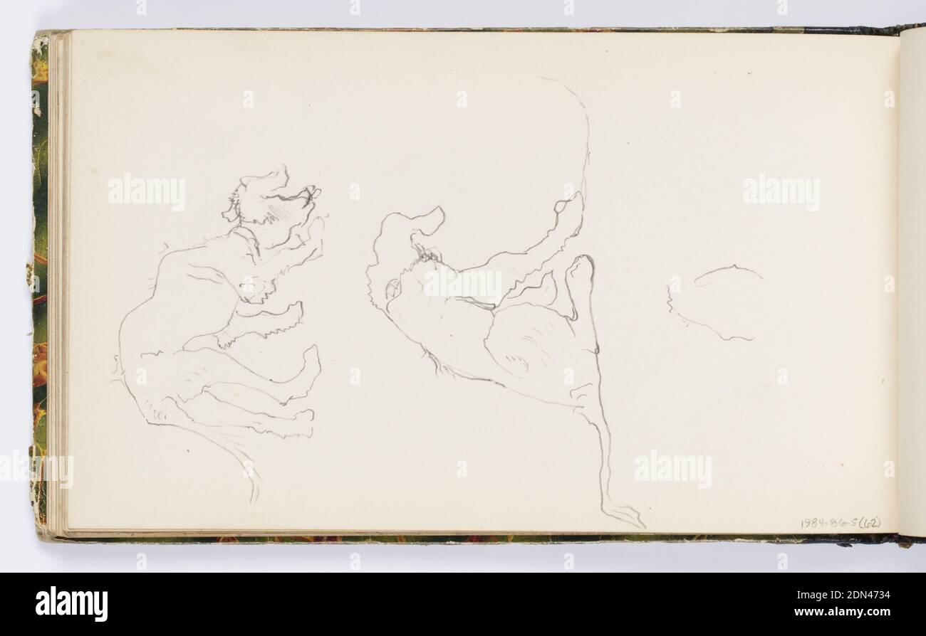 Sketchbook pagina: Due cani, Kenyon Cox, americano, 1856–1919, grafite su carta, due schizzi di un cane, uno sniffing il terreno, sopra, e uno seduto, sotto., USA, 1875, album (Bound) e libri, Sketchbook folio, Sketchbook folio Foto Stock