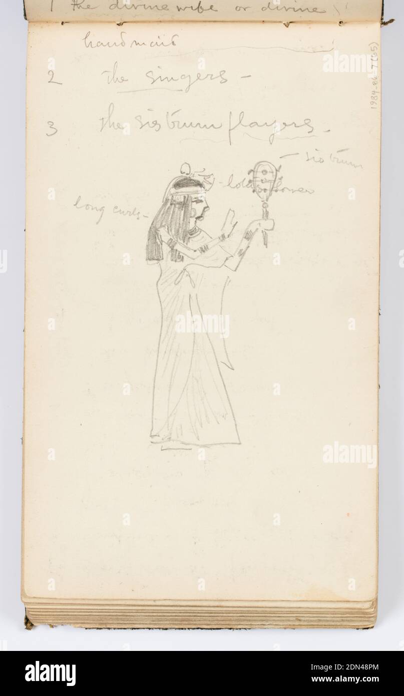 Pagina del libro: Personaggio egiziano, il Sommo sacerdote, Kenyon Cox, americano, 1856–1919, grafite su carta, recto: Disegno di una figura egiziana antica, etichettato il sommo sacerdote, vestito di pelle leoparda., verso: Schizzo di una figura egiziana antica femminile, con ricci lunghi, etichettato la cameriera., USA, 1883, album (rilegati) e libri, portafoglio Sketchbook, portafoglio Sketchbook Foto Stock